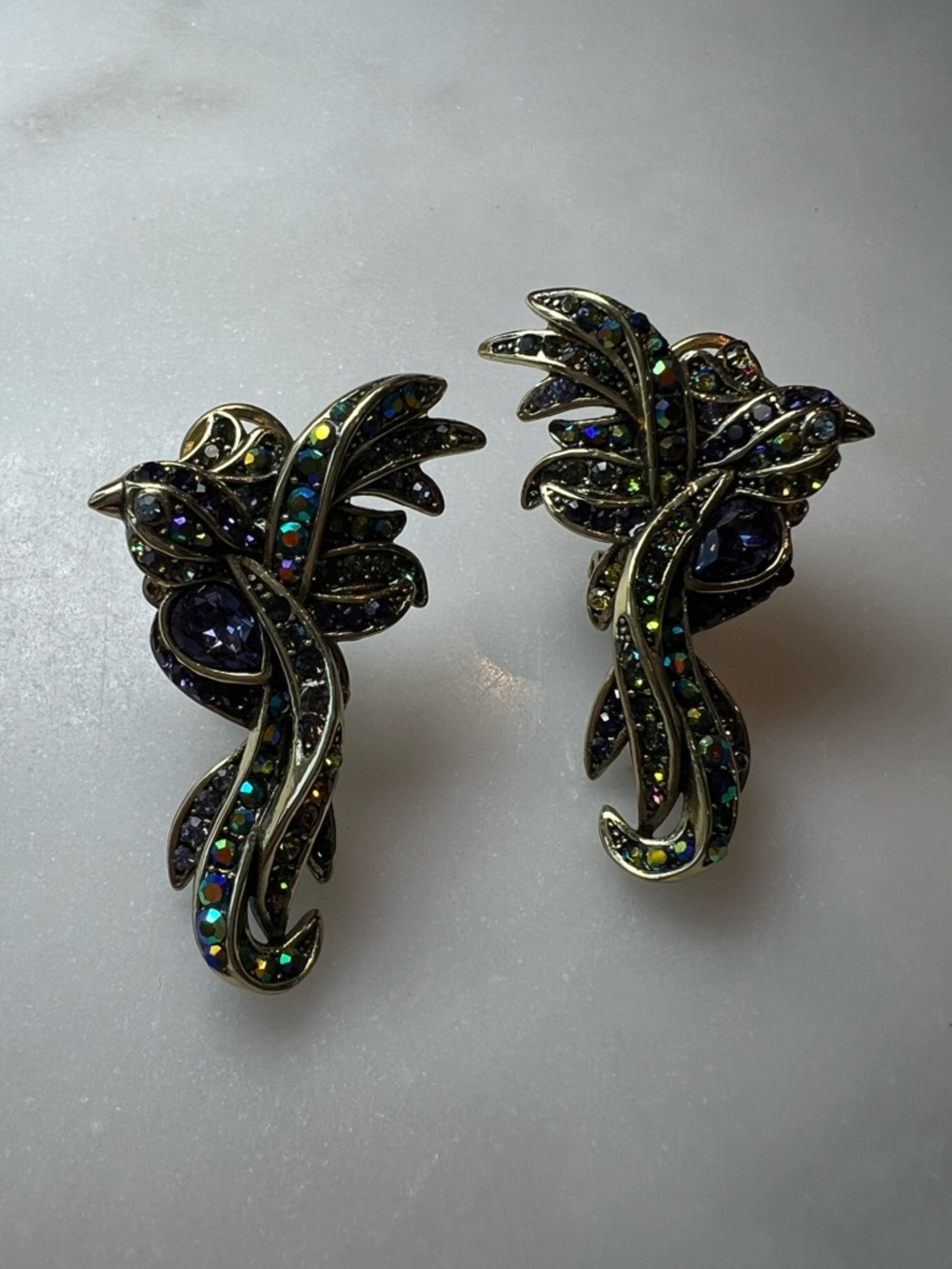 Heidi Daus “Phoenix Rising” Crystal Bird Earrings Gold Tone Aurora Borealis - Picture 4 of 6